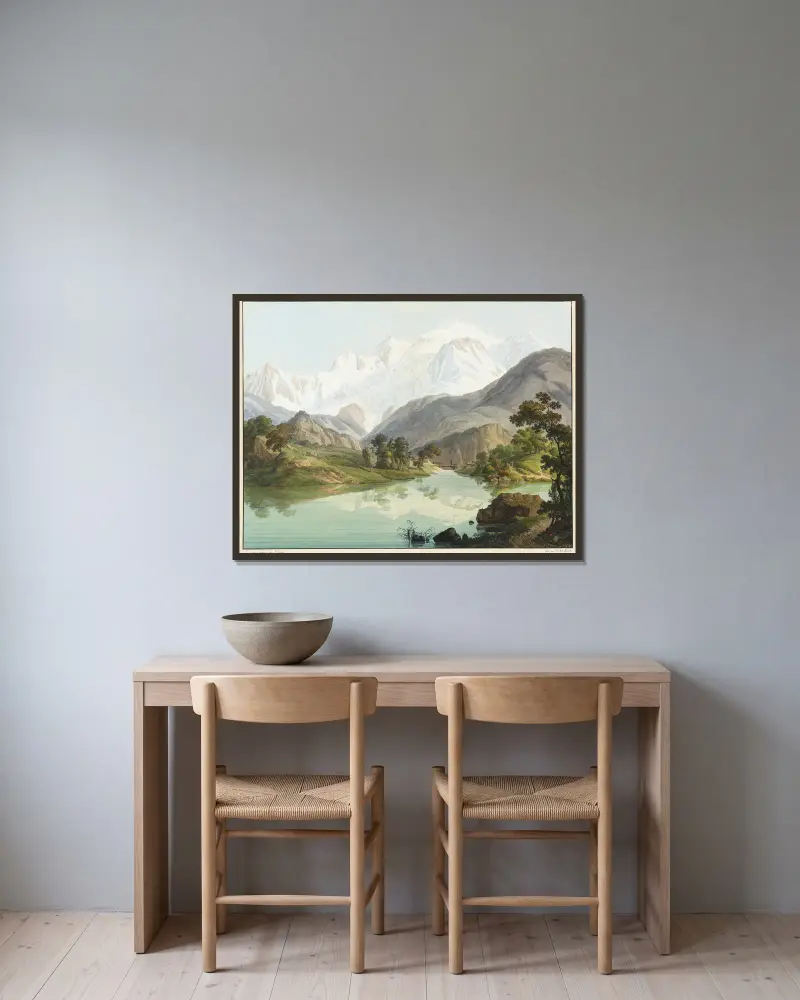 Utsikt över Chede-sjön och Mont-Blanc av Jean-Antoine Linck inramad på en vägg