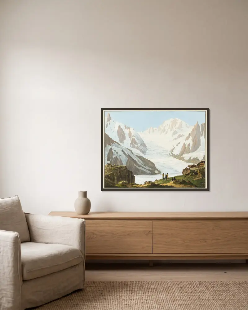 Blick auf den Mont Blanc, die Aiguilles du Midi, die Blaitières, den Géant und den Glacier du Tacul, aufgenommen vom Gipfel des Rocher du Couvercle von Jean-Antoine Linck gerahmt an einer Wand