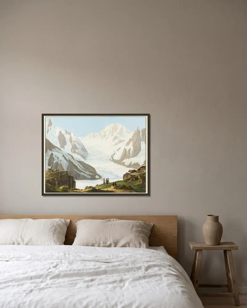 Blick auf den Mont Blanc, die Aiguilles du Midi, die Blaitières, den Géant und den Glacier du Tacul, aufgenommen vom Gipfel des Rocher du Couvercle von Jean-Antoine Linck gerahmt an einer Wand
