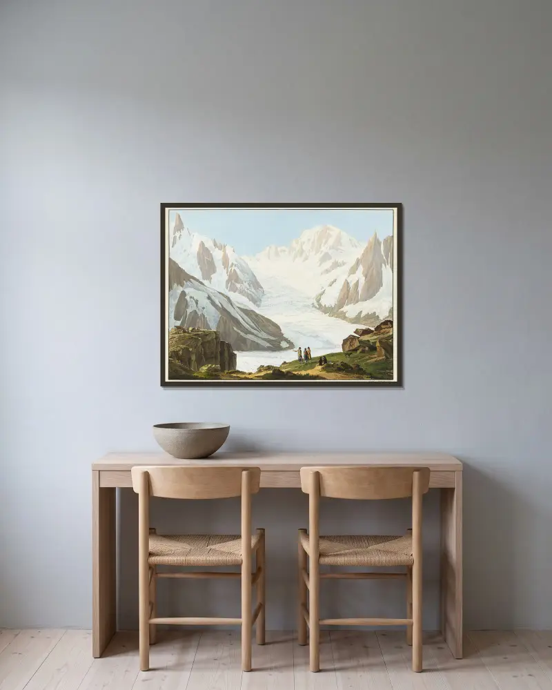 Blick auf den Mont Blanc, die Aiguilles du Midi, die Blaitières, den Géant und den Glacier du Tacul, aufgenommen vom Gipfel des Rocher du Couvercle von Jean-Antoine Linck gerahmt an einer Wand