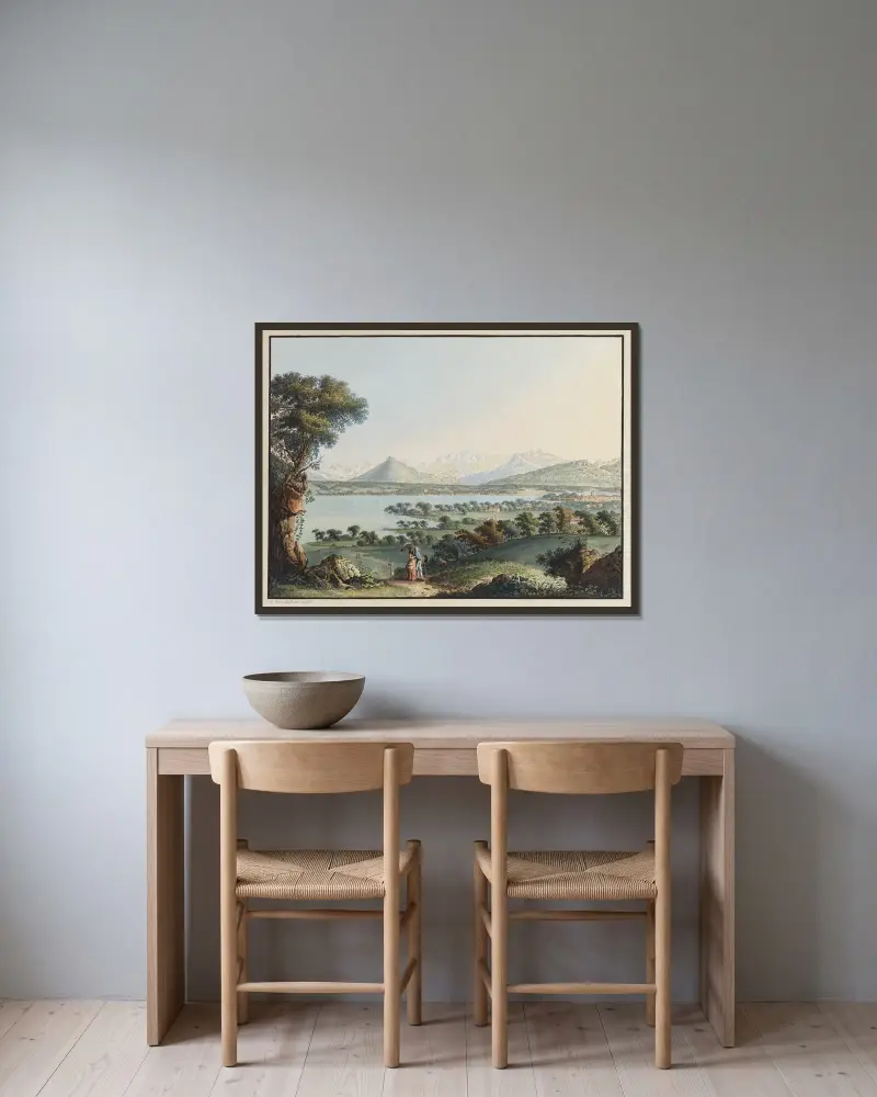 Utsikt över Mont Blanc och en del av Genève av Jean-Antoine Linck inramad på en vägg