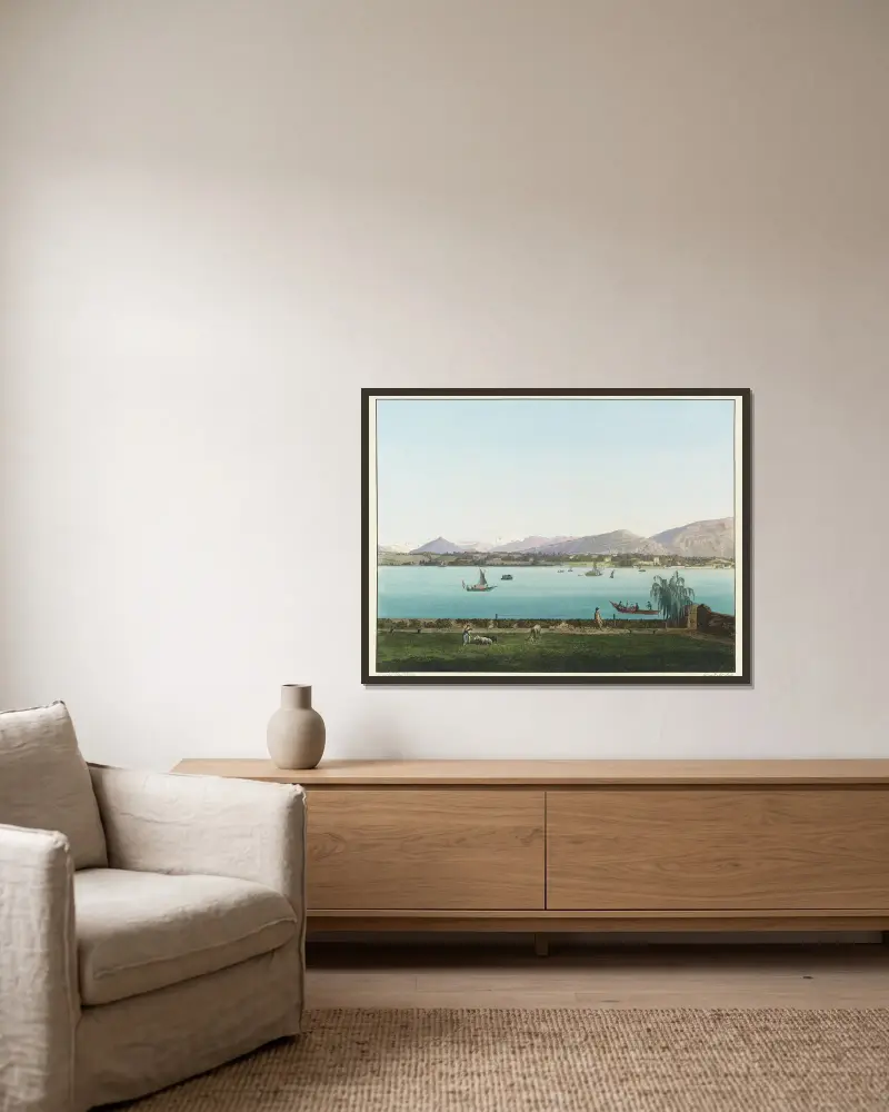 Blick auf den Mont Blanc vom Landgut des Herrn Hentsch in Sécheron bei Genf von Jean-Antoine Linck gerahmt an einer Wand