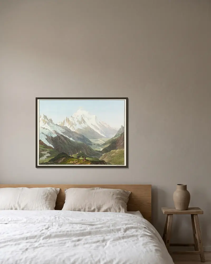 Utsikt över Mont Blanc från toppen av Col de Balme av Jean-Antoine Linck inramad på en vägg
