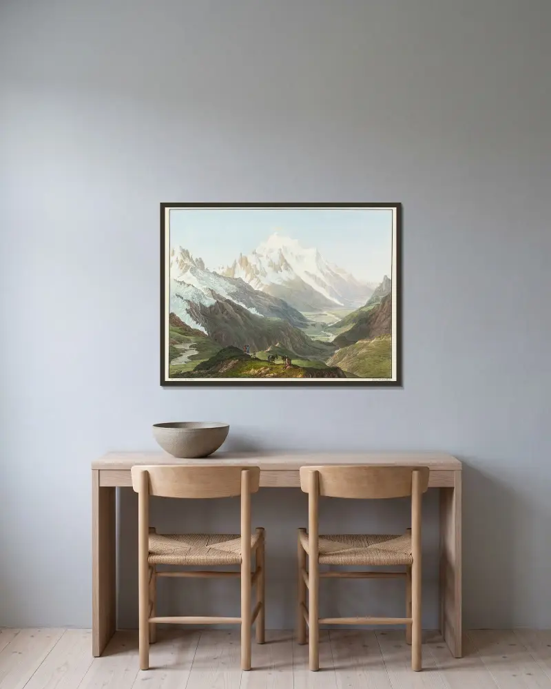 Utsikt över Mont Blanc från toppen av Col de Balme av Jean-Antoine Linck inramad på en vägg