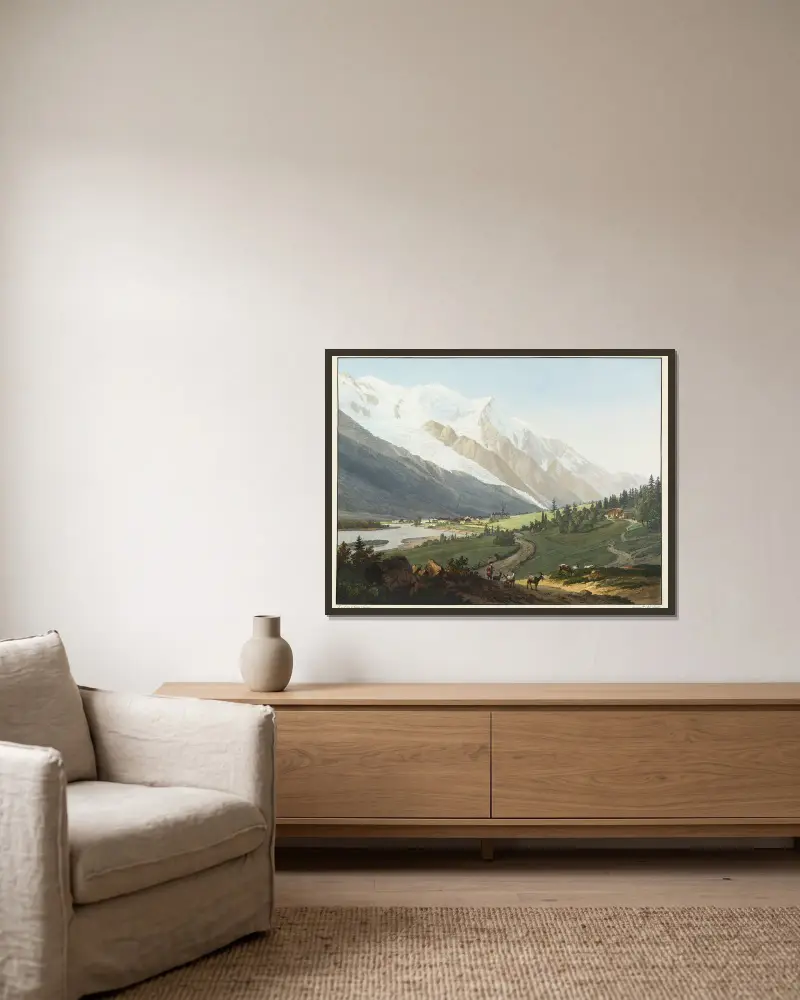 Utsikt över Chamouni-prioratet, Mont-Blanc, Aiguille du Goûter och Buissons-glaciären av Jean-Antoine Linck inramad på en vägg