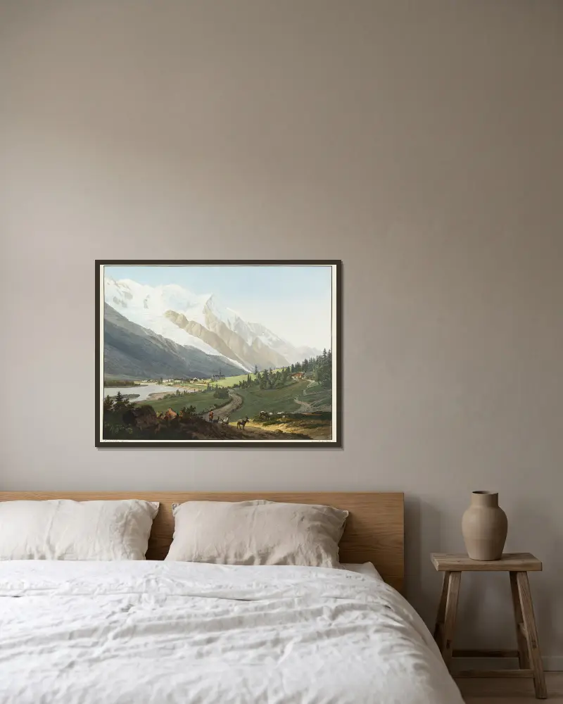 Utsikt över Chamouni-prioratet, Mont-Blanc, Aiguille du Goûter och Buissons-glaciären av Jean-Antoine Linck inramad på en vägg