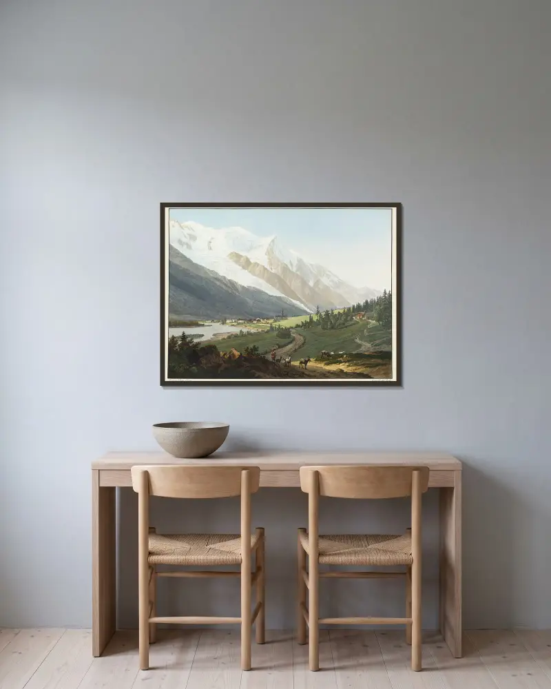 Utsikt över Chamouni-prioratet, Mont-Blanc, Aiguille du Goûter och Buissons-glaciären av Jean-Antoine Linck inramad på en vägg