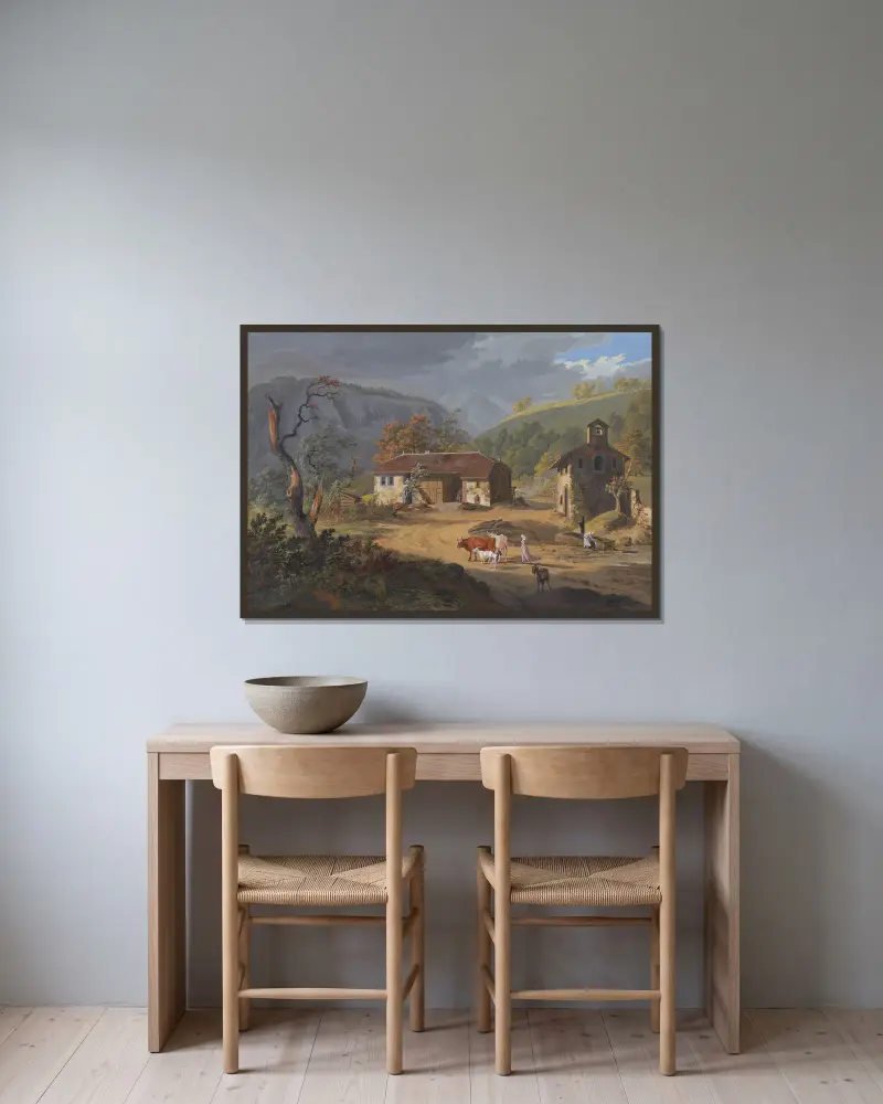 Utsikt över en del av byn Clées, kantonen Bern av Jean-Antoine Linck inramad på en vägg