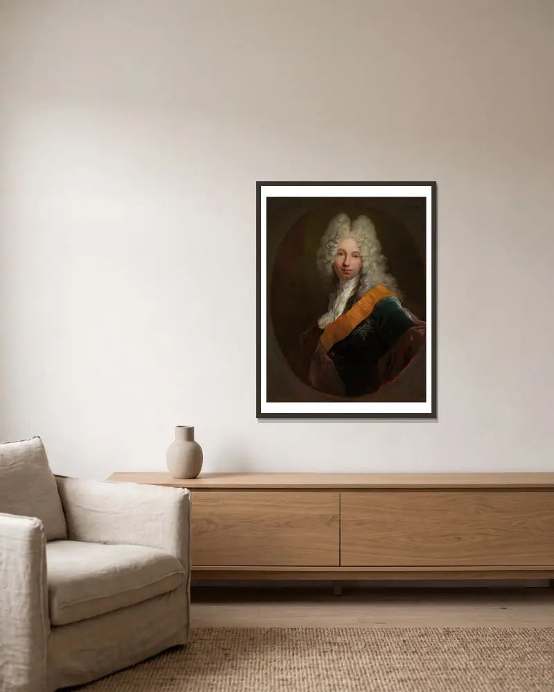 Friedrich Wilhelm Kettler (1692–1711) (porträtt av en man i peruk med Svarta örns orden) av Antoine Pesne inramad på en vägg