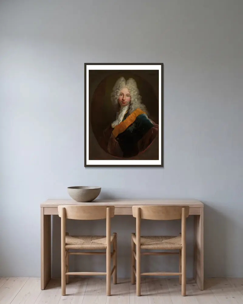 Friedrich Wilhelm Kettler (1692–1711) (porträtt av en man i peruk med Svarta örns orden) av Antoine Pesne inramad på en vägg