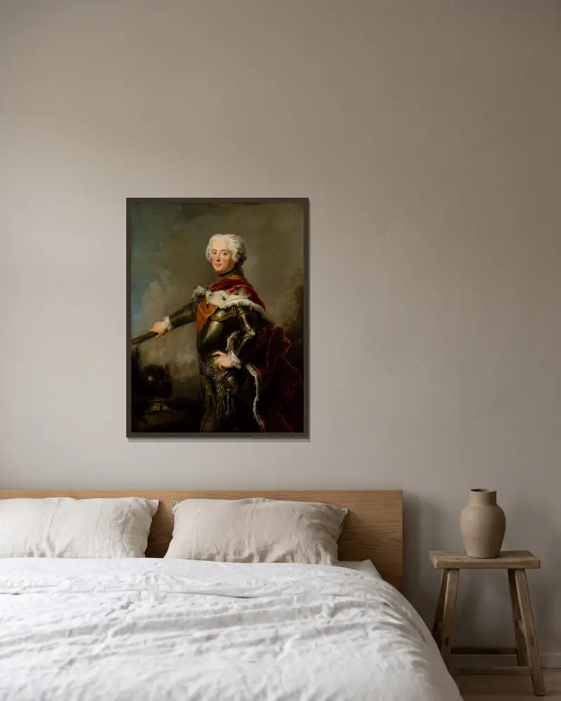 Porträtt av Fredrik II av Preussen av Antoine Pesne inramad på en vägg