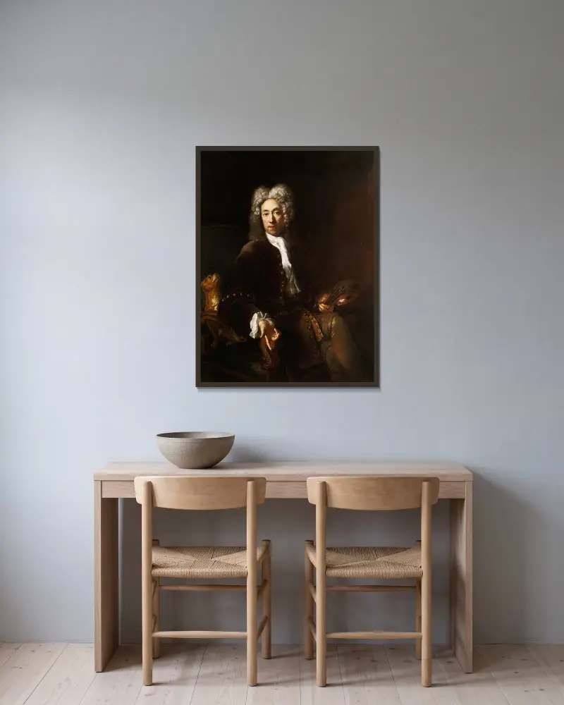Porträtt av Jean Baptiste Gayot Dubuisson av Antoine Pesne inramad på en vägg