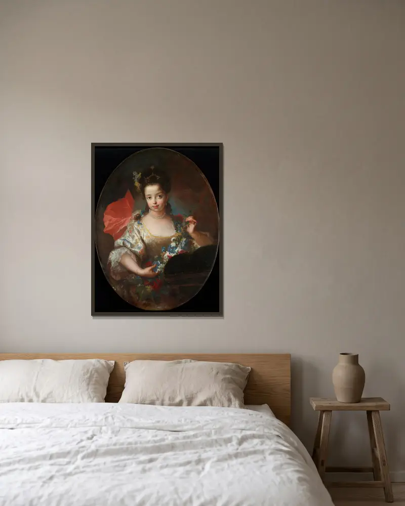 Porträtt av Ursule-Anne Dubuisson av Antoine Pesne inramad på en vägg