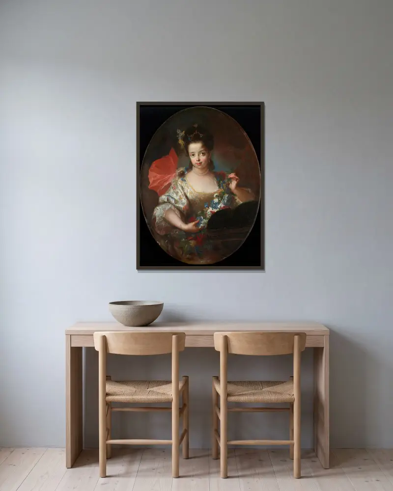 Porträtt av Ursule-Anne Dubuisson av Antoine Pesne inramad på en vägg