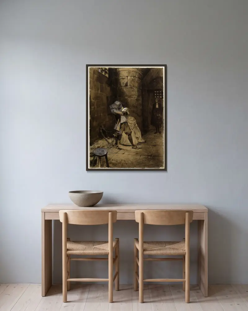 Ethel och Ordener i fängelset av Georges Antoine Rochegrosse inramad på en vägg