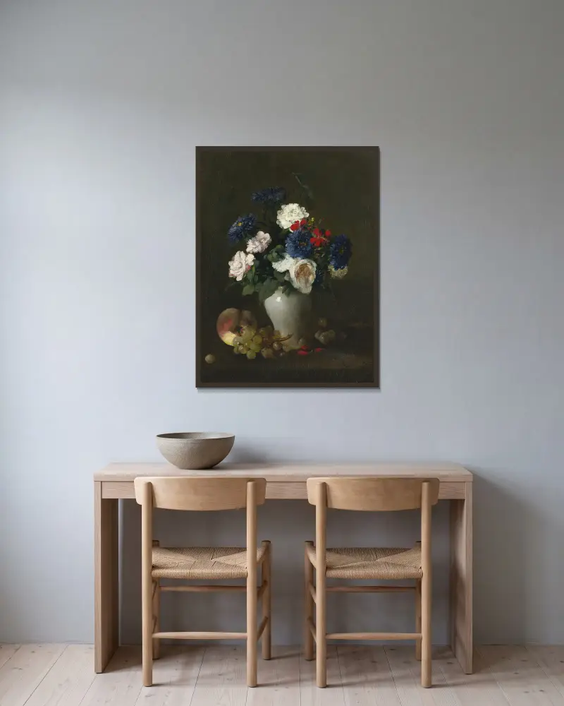 Blandade blommor i vas med druvor och en persika på ett bord av Antoine Vollon inramad på en vägg