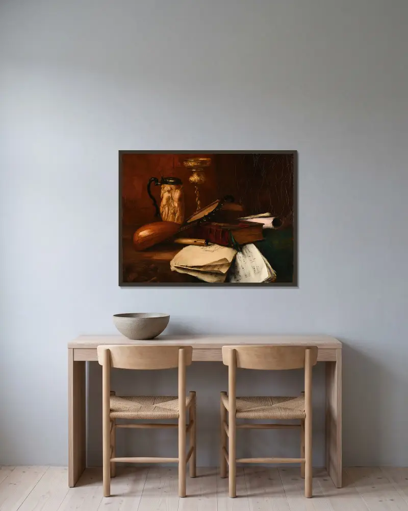 Kalk, vidrecome, liturgiska böcker och nothäften av Antoine Vollon inramad på en vägg