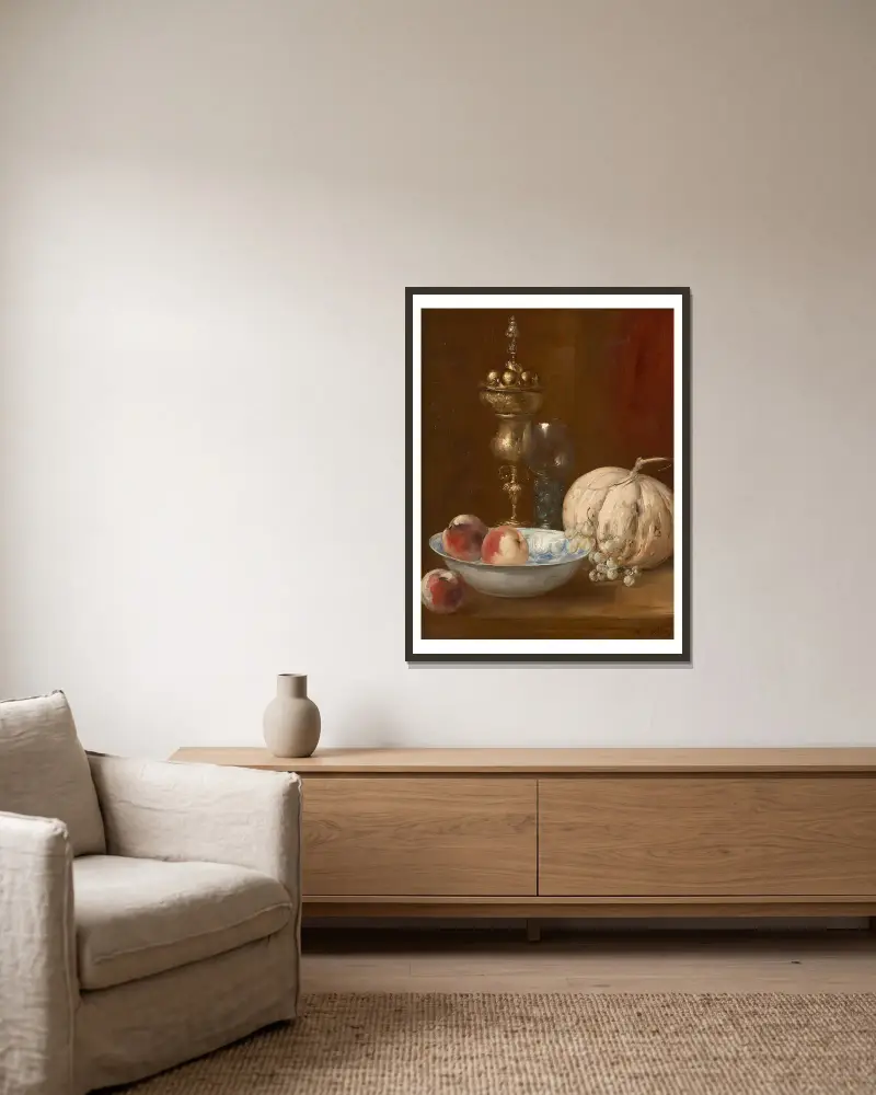 Melone, Obstschale und Silbergefäß auf einem Tisch von Antoine Vollon gerahmt an einer Wand