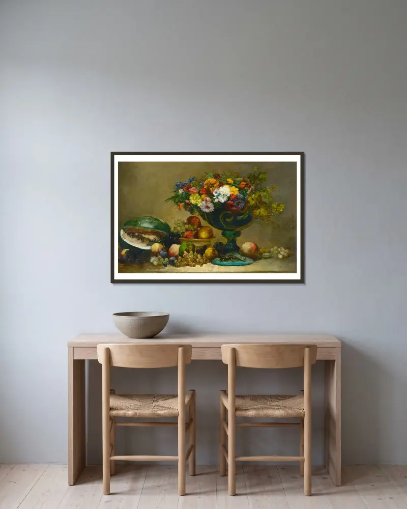 Stilleben med blommor och frukt av Antoine Vollon inramad på en vägg