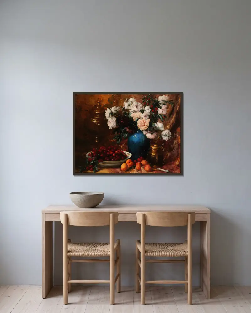 Vas, blommor och frukt av Antoine Vollon inramad på en vägg