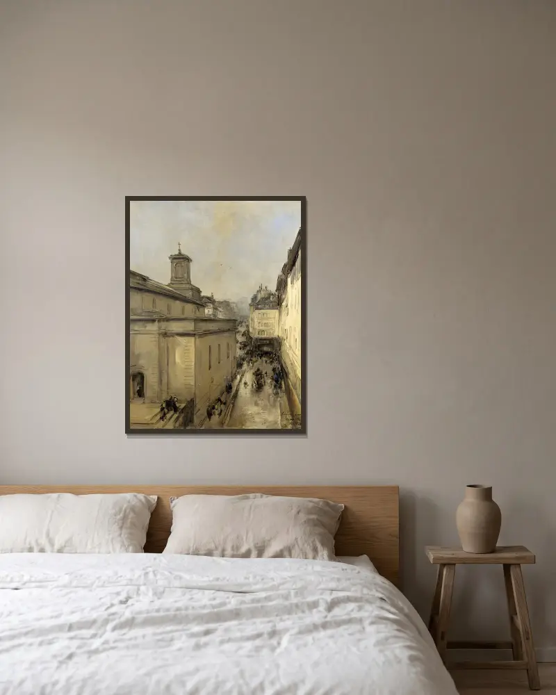 Vy över kyrkan Notre-Dame de Lorette och Rue Fléchier, Paris av Antoine Vollon inramad på en vägg