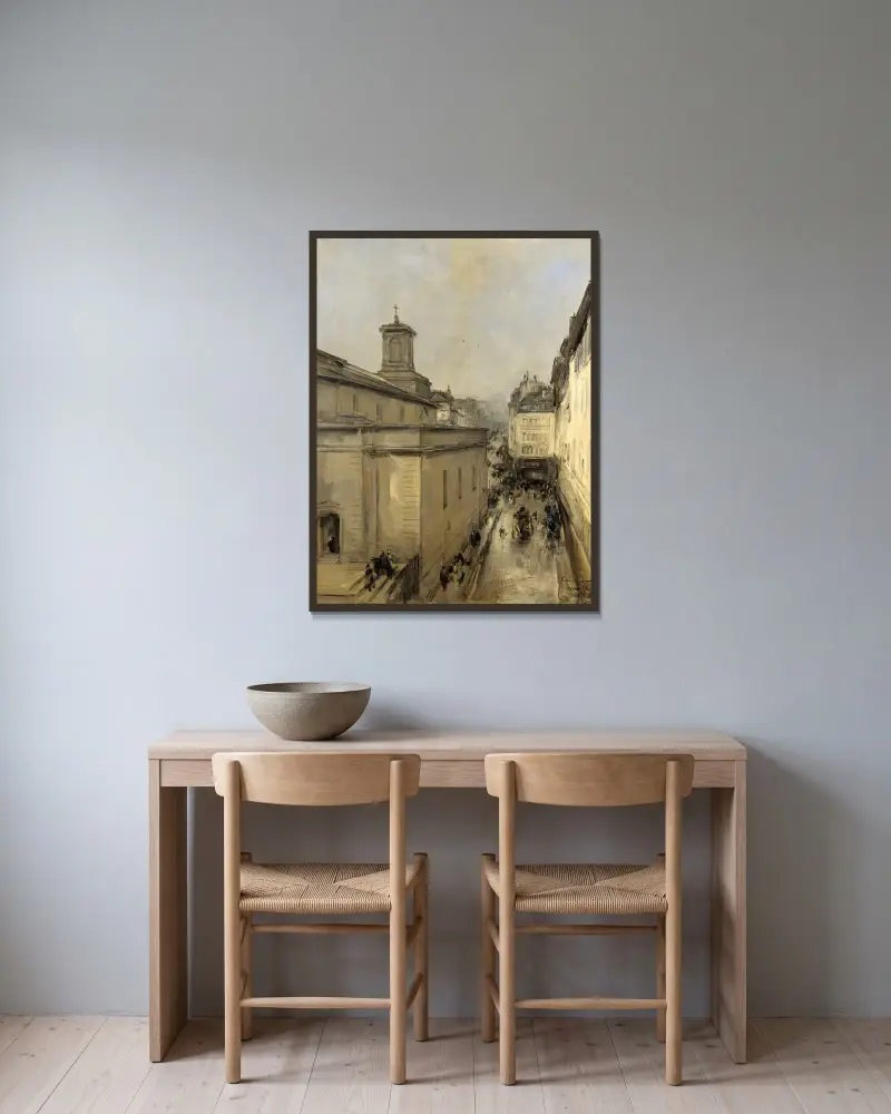 Vy över kyrkan Notre-Dame de Lorette och Rue Fléchier, Paris av Antoine Vollon inramad på en vägg