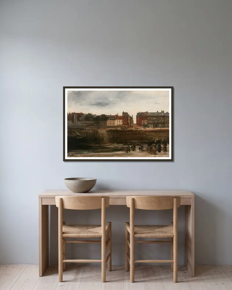 Förmodad vy över en hamn i Normandie av Antoine Vollon inramad på en vägg