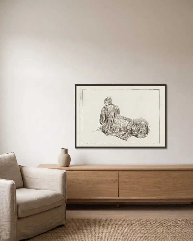 Kostymplansch nr 161 av Jean-Antoine Watteau inramad på en vägg