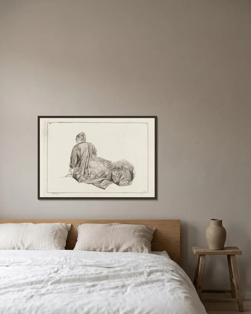 Kostymplansch nr 161 av Jean-Antoine Watteau inramad på en vägg