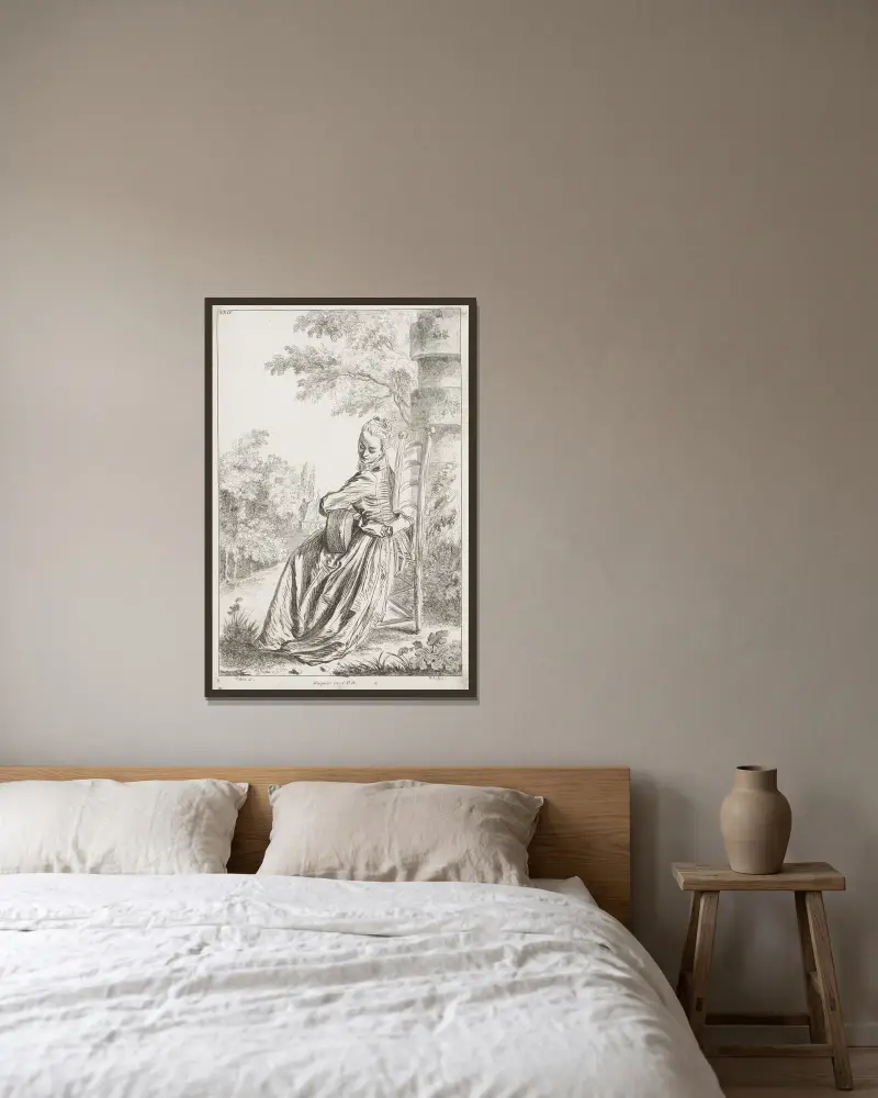 Kostymplansch XXIV av Jean-Antoine Watteau inramad på en vägg