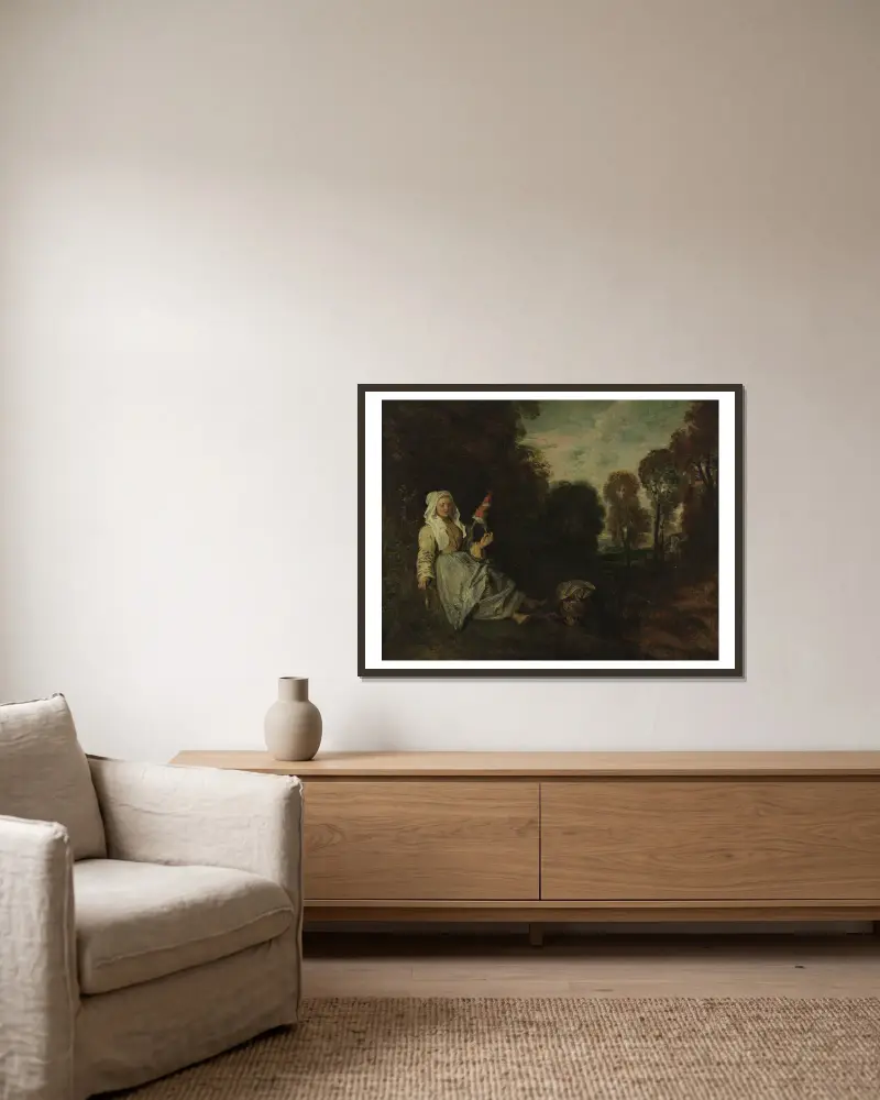Abendlandschaft mit Spinnerin, Nr. 1 von Jean-Antoine Watteau gerahmt an einer Wand