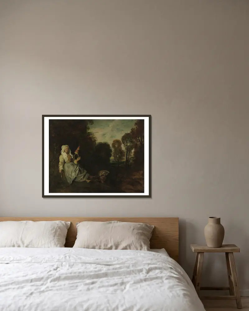 Abendlandschaft mit Spinnerin, Nr. 1 von Jean-Antoine Watteau gerahmt an einer Wand