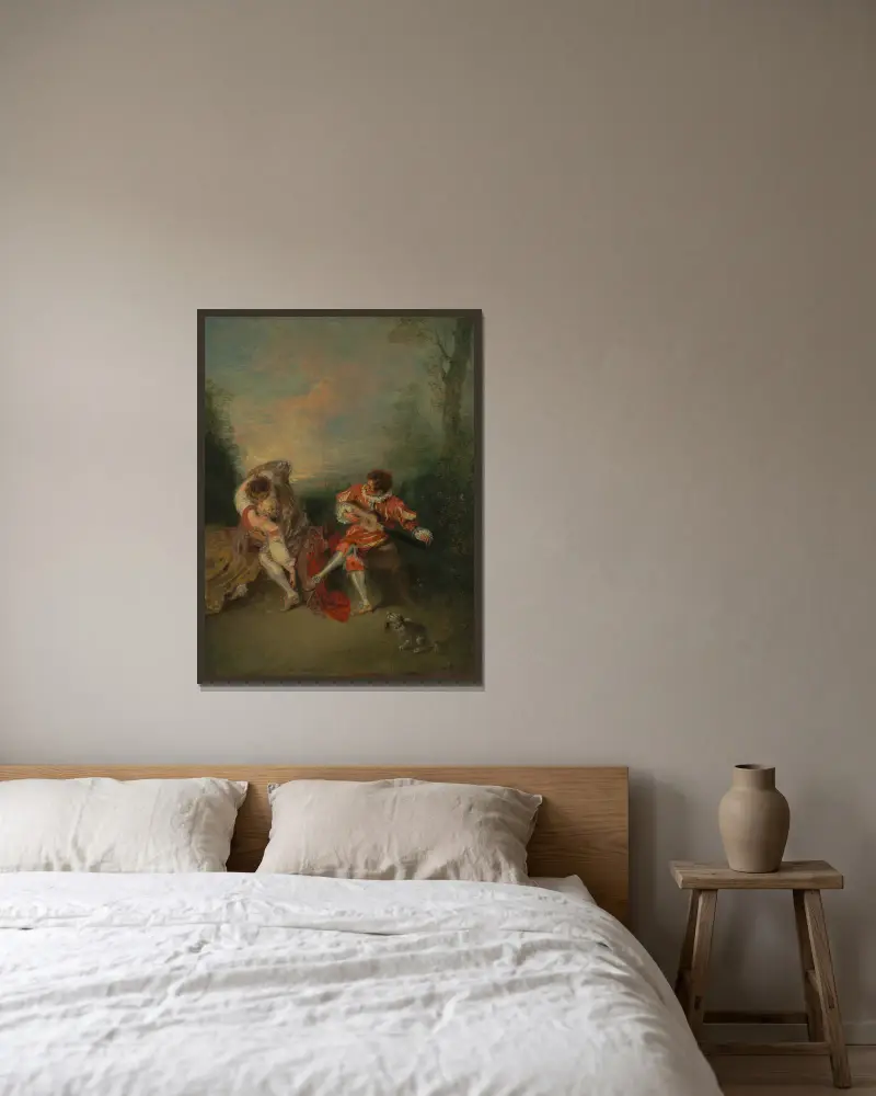 La Surprise av Jean-Antoine Watteau inramad på en vägg