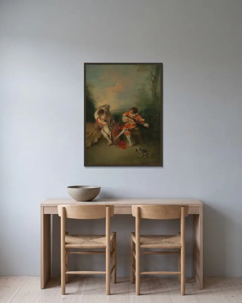 La Surprise av Jean-Antoine Watteau inramad på en vägg