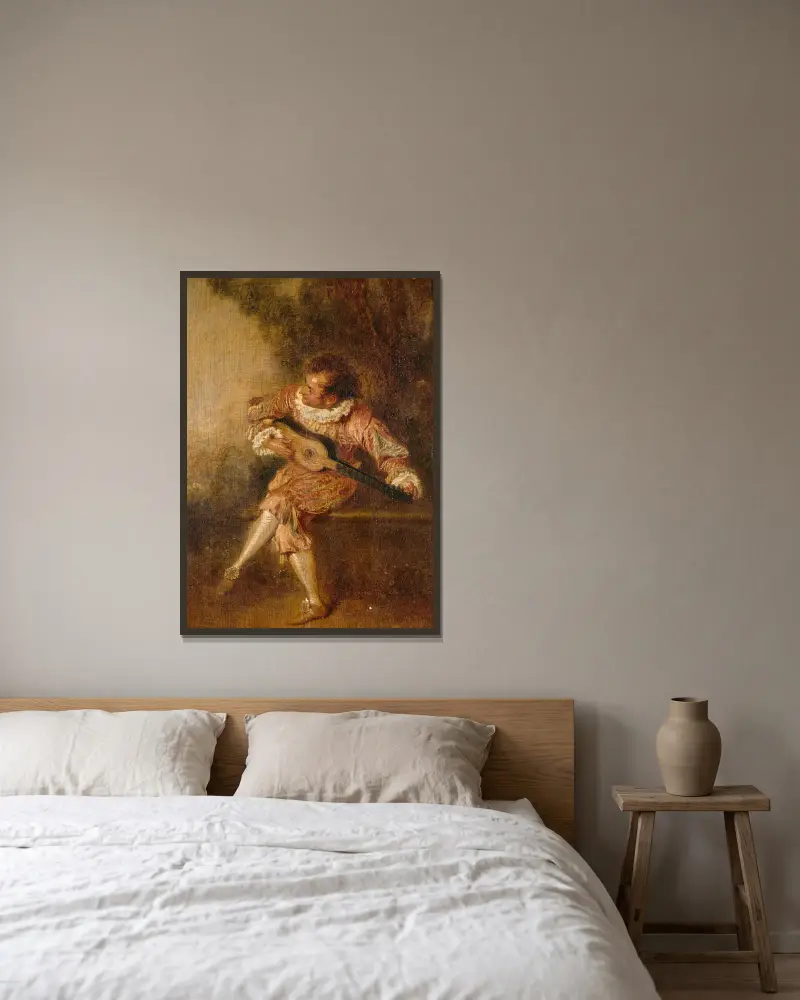 Serenadgivaren (Mezzetin) av Jean-Antoine Watteau inramad på en vägg