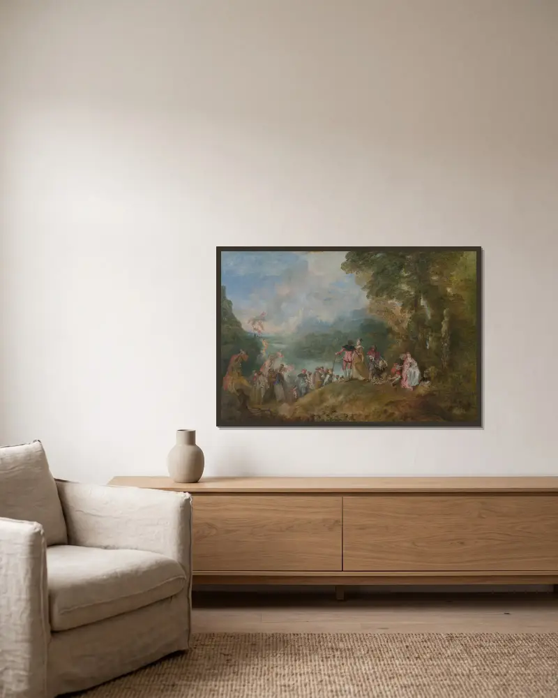 Avfärden till Kythera av Jean-Antoine Watteau inramad på en vägg