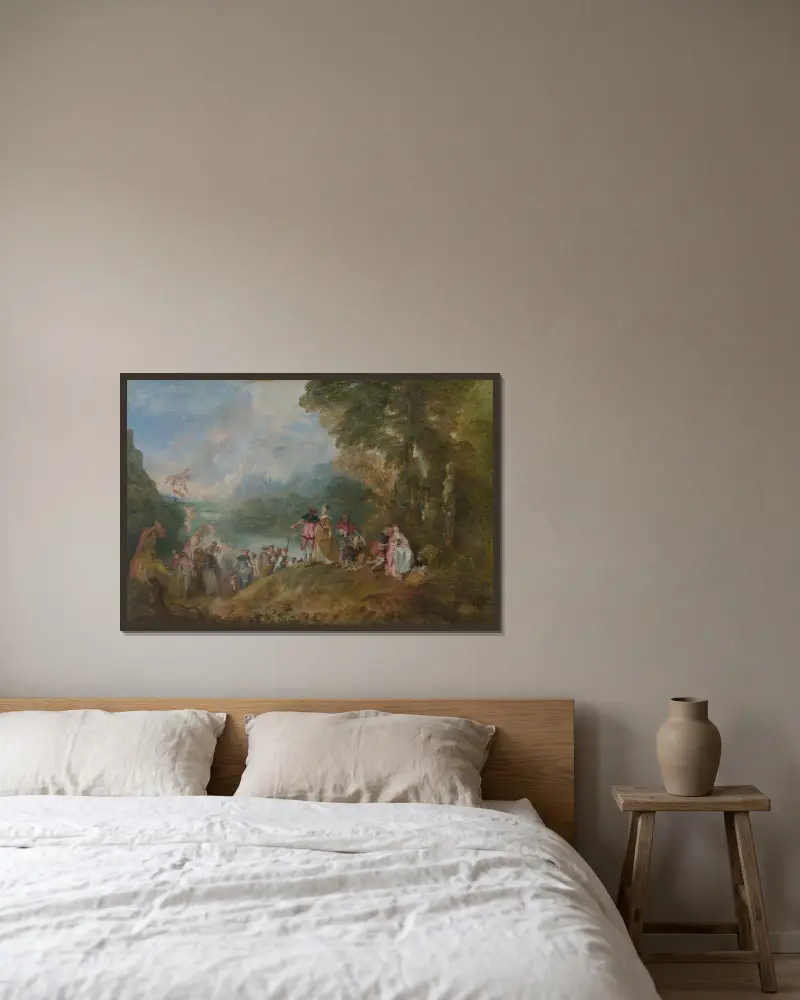 Avfärden till Kythera av Jean-Antoine Watteau inramad på en vägg