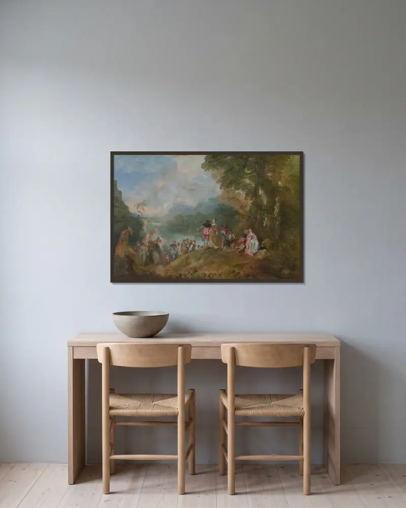 Avfärden till Kythera av Jean-Antoine Watteau inramad på en vägg