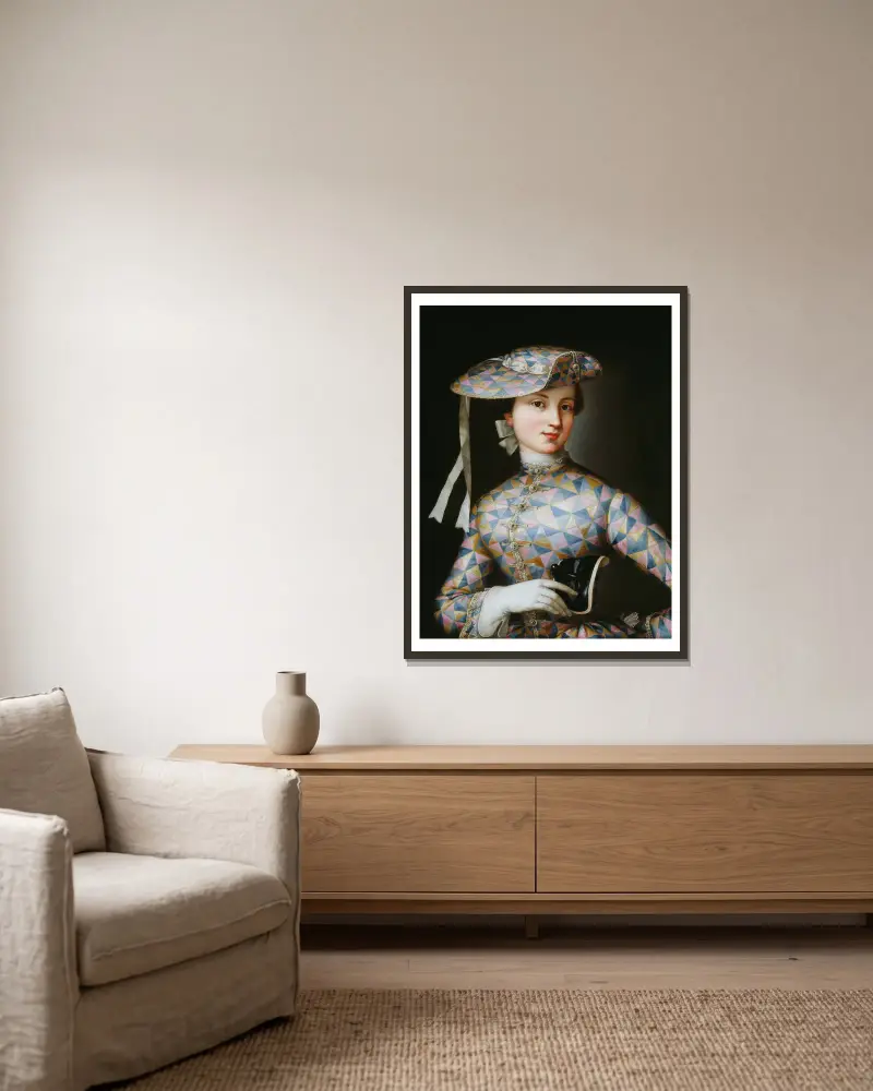 Porträtt av en dam med harlekin av Jean-Antoine Watteau inramad på en vägg