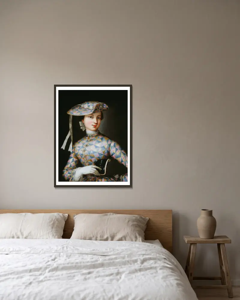 Porträtt av en dam med harlekin av Jean-Antoine Watteau inramad på en vägg