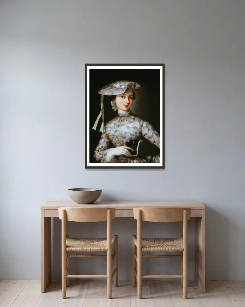 Porträtt av en dam med harlekin av Jean-Antoine Watteau inramad på en vägg