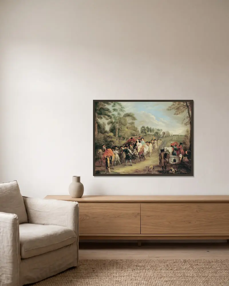 Soldater på marsch av Jean-Antoine Watteau inramad på en vägg