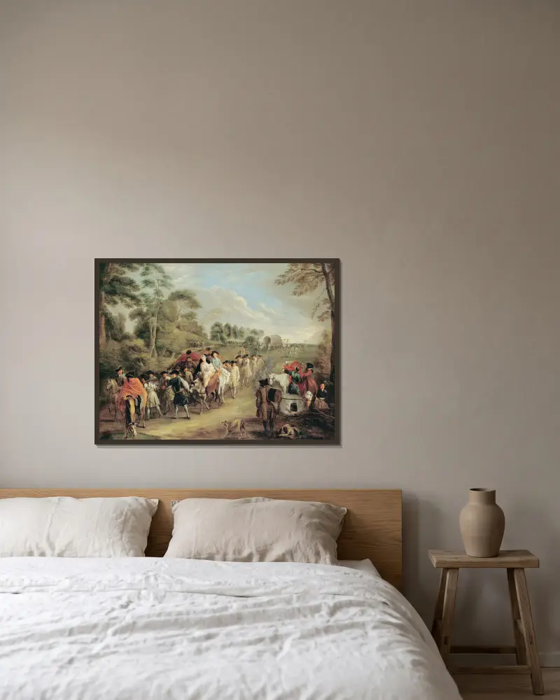 Soldater på marsch av Jean-Antoine Watteau inramad på en vägg