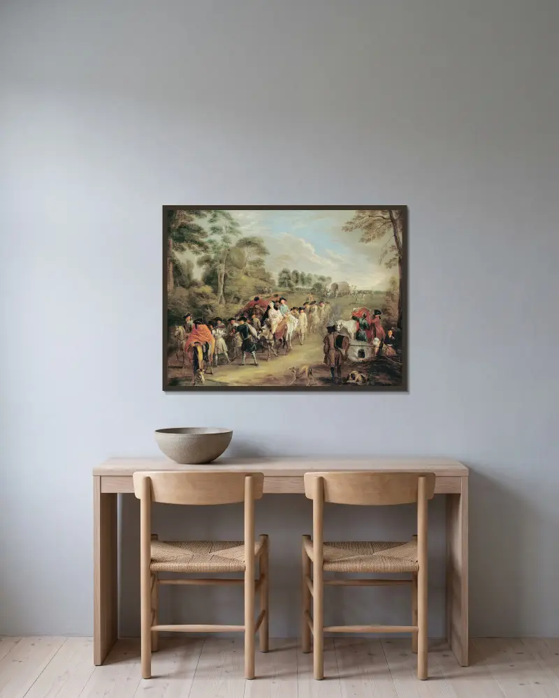Soldater på marsch av Jean-Antoine Watteau inramad på en vägg