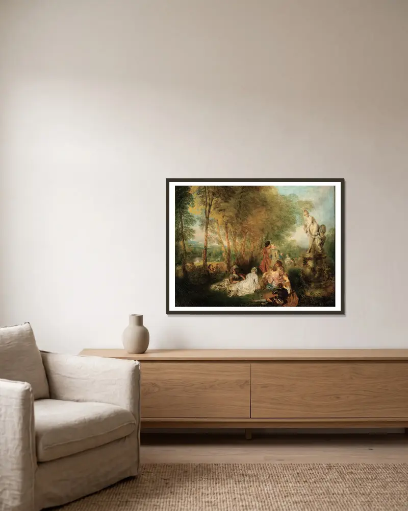 Kärlekens fest av Jean-Antoine Watteau inramad på en vägg