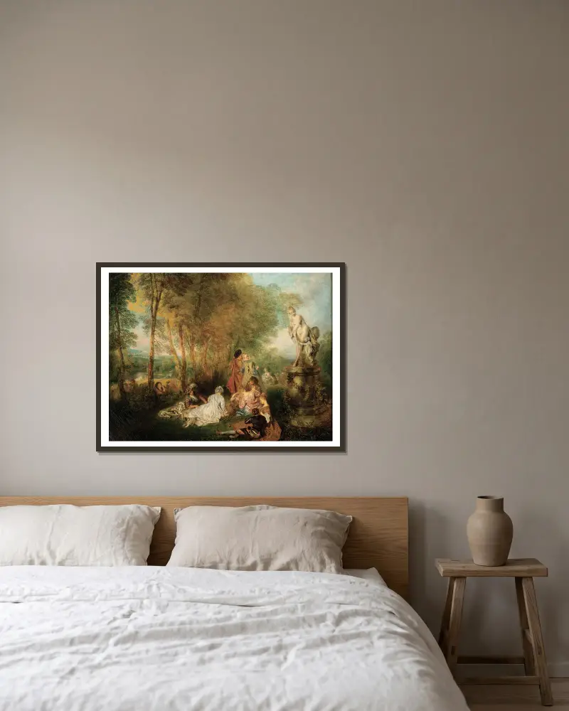 Kärlekens fest av Jean-Antoine Watteau inramad på en vägg