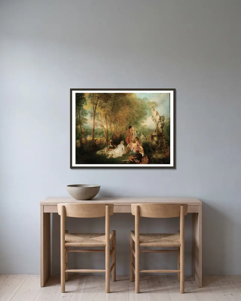 Kärlekens fest av Jean-Antoine Watteau inramad på en vägg