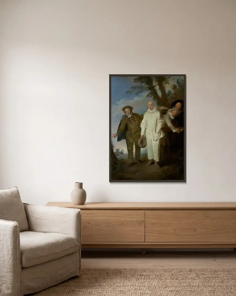 De italienska komedianterna av Jean-Antoine Watteau inramad på en vägg