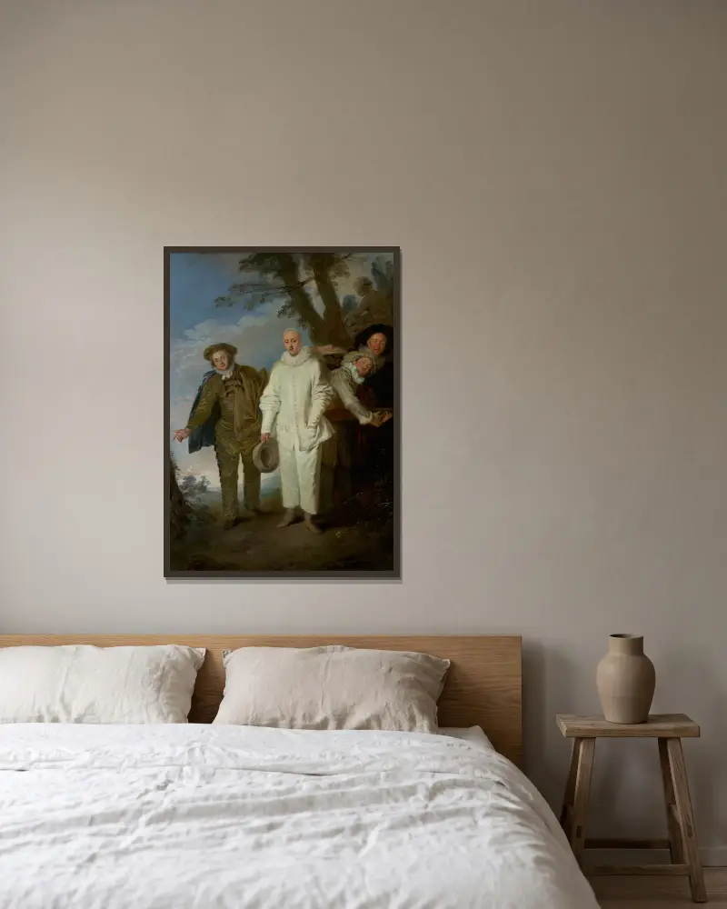 De italienska komedianterna av Jean-Antoine Watteau inramad på en vägg