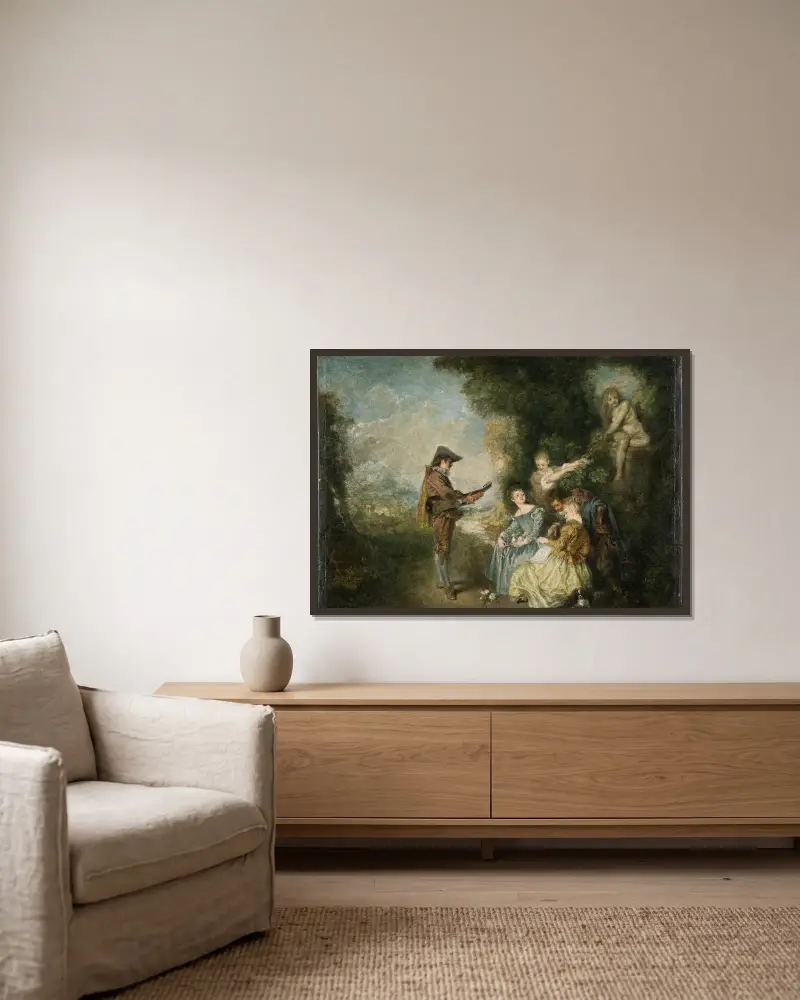 Die Liebeslehre von Jean-Antoine Watteau gerahmt an einer Wand